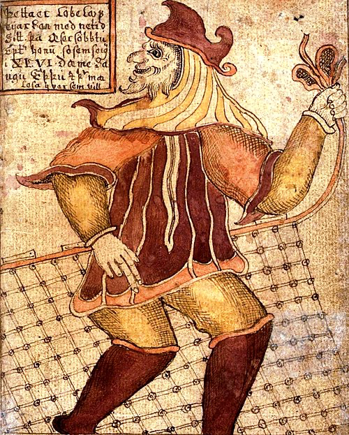 Loki, le dieu nordique du chaos et du mensonge, tenant un filet de pêche. Elle est extraite d’un manuscrit islandais du XVIIIe siècle, le SÁM 66, conservé à la Bibliothèque nationale et universitaire d'Islande (Landsbókasafn Íslands – Háskólabókasafn).